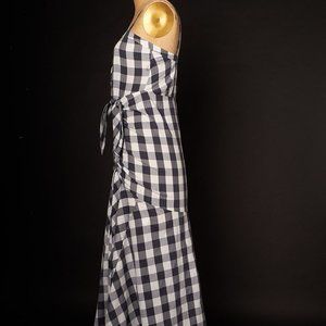 1990s Gingham Gray and White Mermaid Maxi Dress